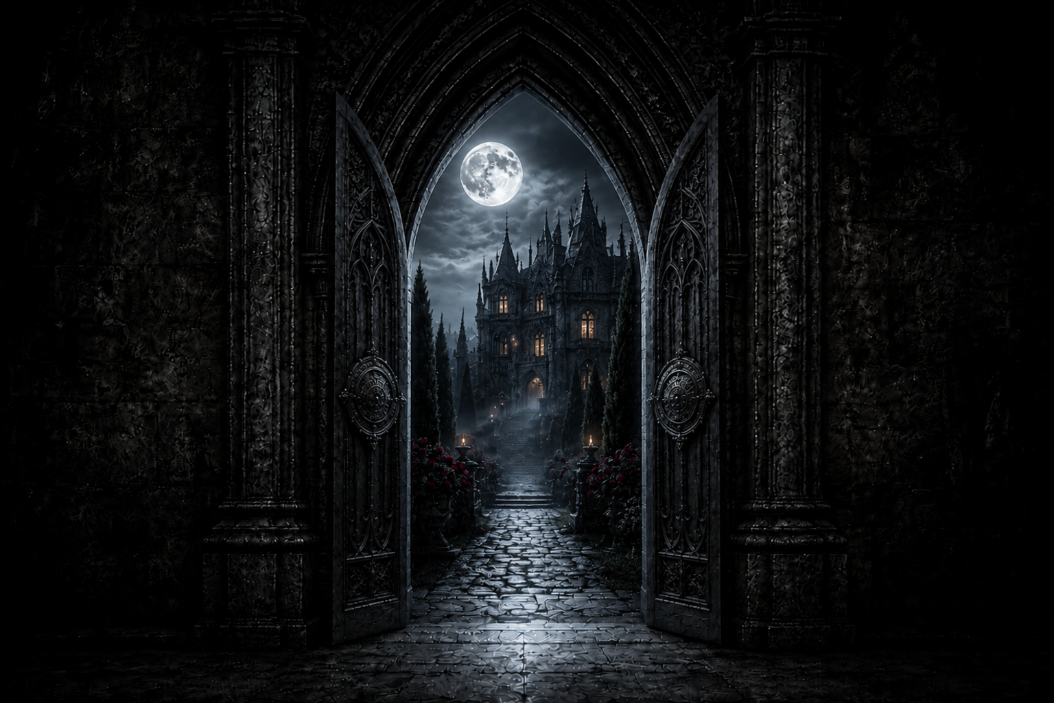 Open Gothic doors revealing the moonlit Crimson Estate
