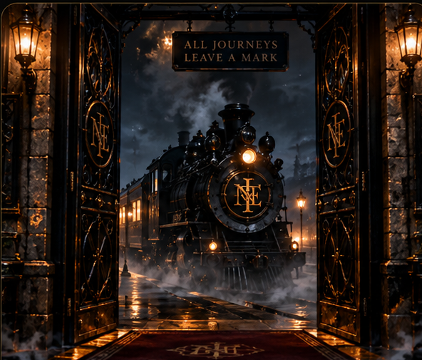 Open ornate doors revealing The Nocturne Express waiting in steam and darkness