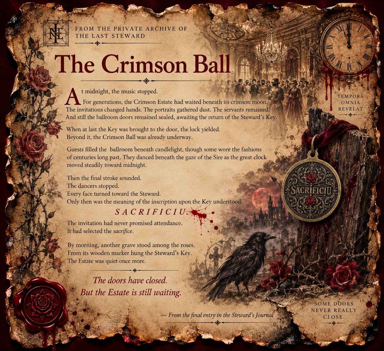 The Crimson Ball final archive entry recounting the sacrifice at midnight and the return of the Steward’s Key to the grave