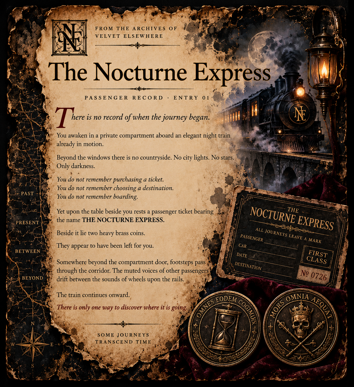 The Nocturne Express Passenger Record, Entry 01: an aged railway archive describing the viewer awakening aboard the train with a passenger ticket and two brass coins.